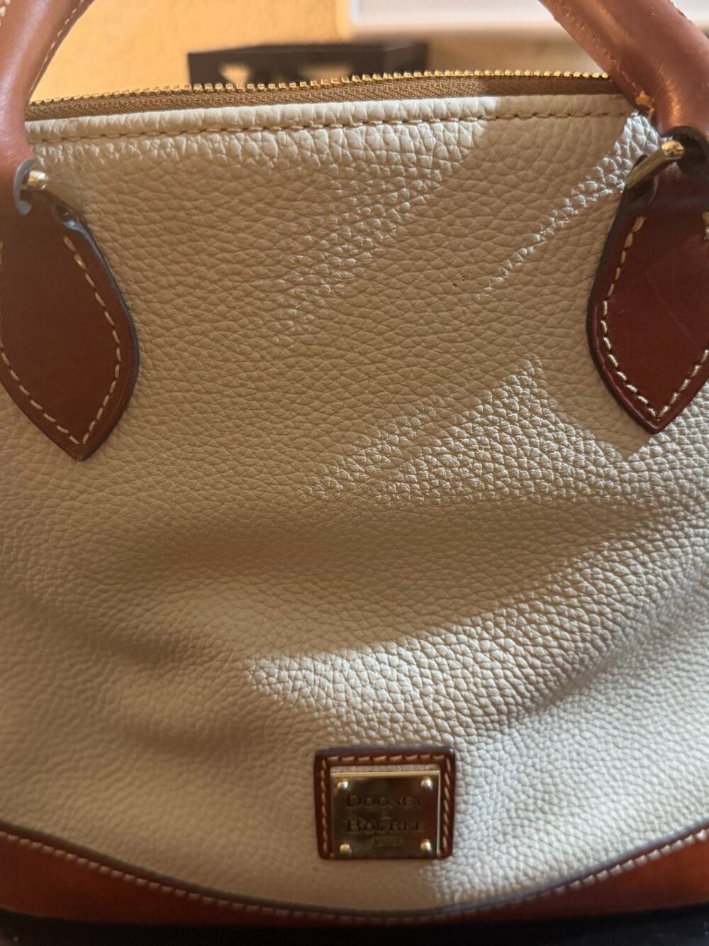 Dooney & Bourke Pebbled Leather Satchel Ivory Cream & Cognac Zip Tote Bag